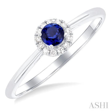 3.25 MM Round Sapphire and 1/20 Ctw Single Cut Diamond Halo Precious Ring in 10K White Gold